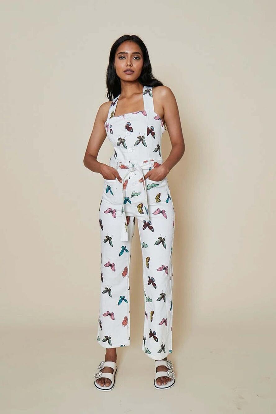 Rachel Antonoff Clem Jumpsuit white denim colorful butterfly print sz 6